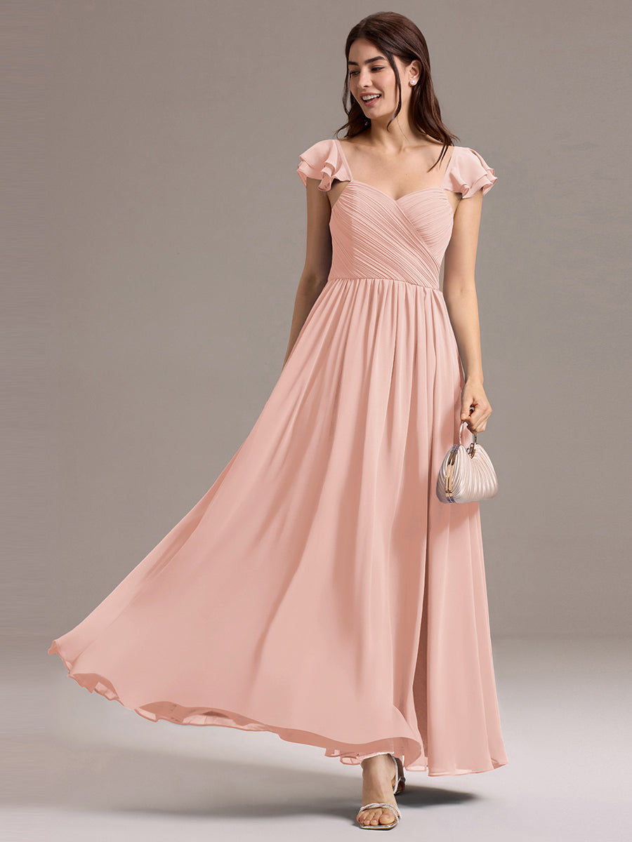 Robe de demoiselle d'honneur longue en mousseline de soie à col en cœur et volants #Couleur_Rose