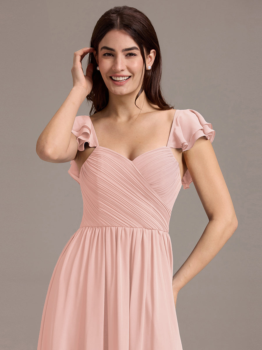 Robe de demoiselle d'honneur longue en mousseline de soie à col en cœur et volants #Couleur_Rose
