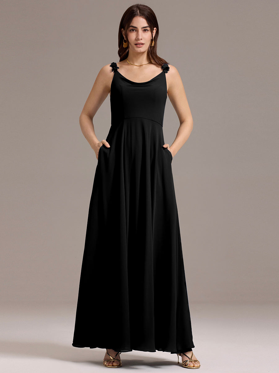 Robe de demoiselle d'honneur en mousseline sans bretelles à col montant et poche #Couleur_Noir