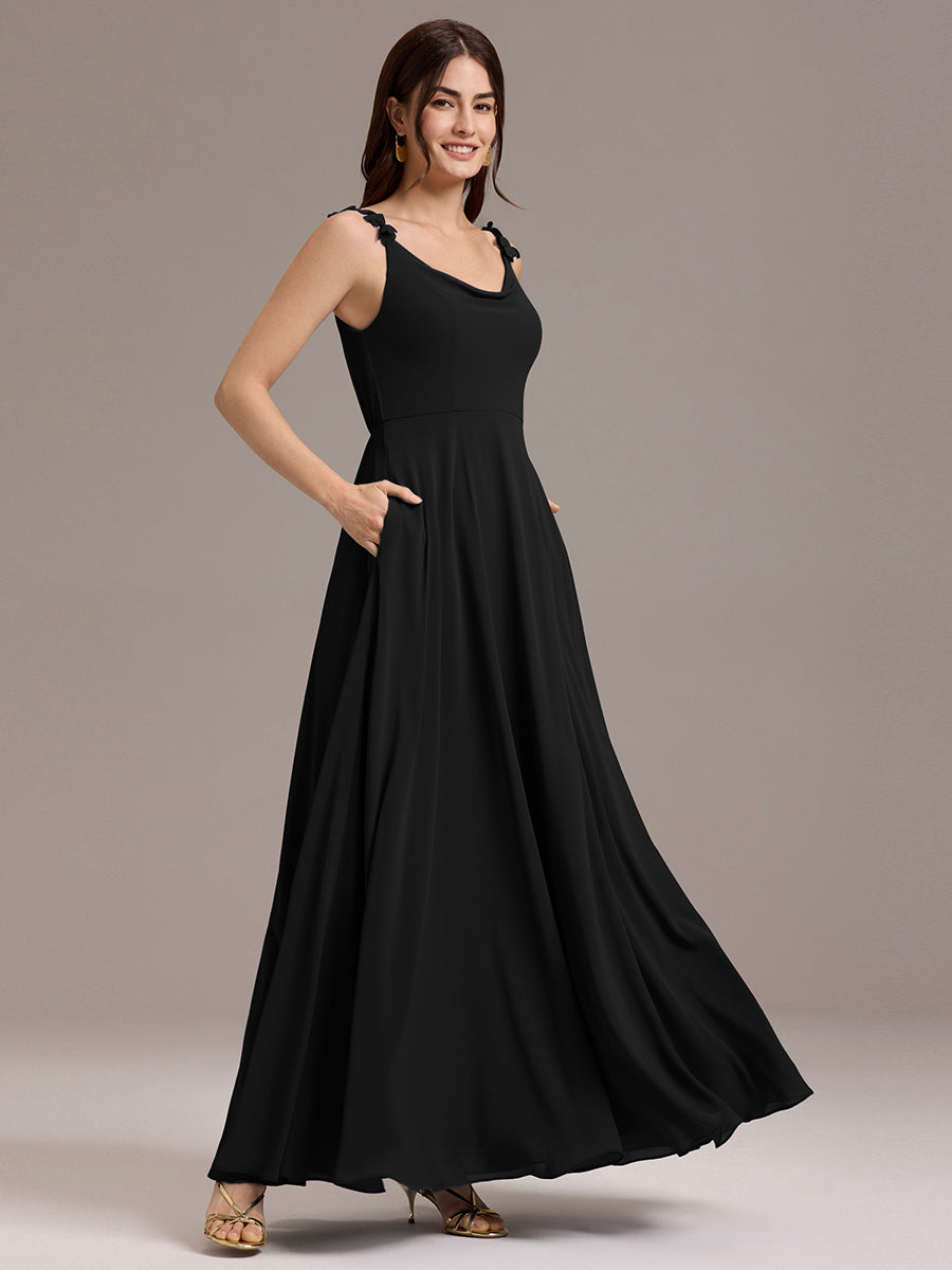 Robe de demoiselle d'honneur en mousseline sans bretelles à col montant et poche #Couleur_Noir