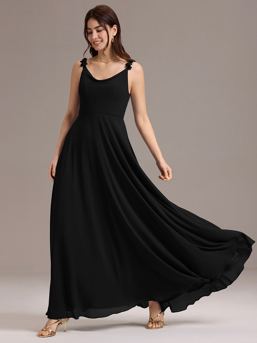 Robe de demoiselle d'honneur en mousseline sans bretelles à col montant et poche #Couleur_Noir