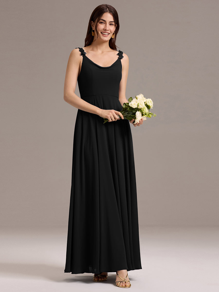 Robe de demoiselle d'honneur en mousseline sans bretelles à col montant et poche #Couleur_Noir