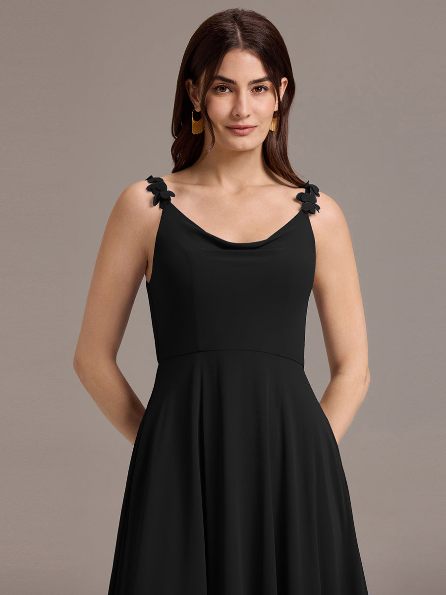 Robe de demoiselle d'honneur en mousseline sans bretelles à col montant et poche #Couleur_Noir