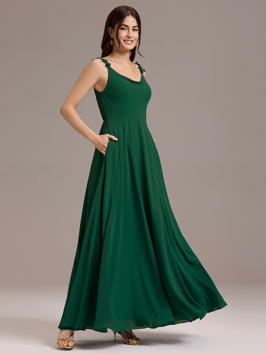 Robe de demoiselle d'honneur en mousseline sans bretelles à col montant et poche #Couleur_Vert Fonce