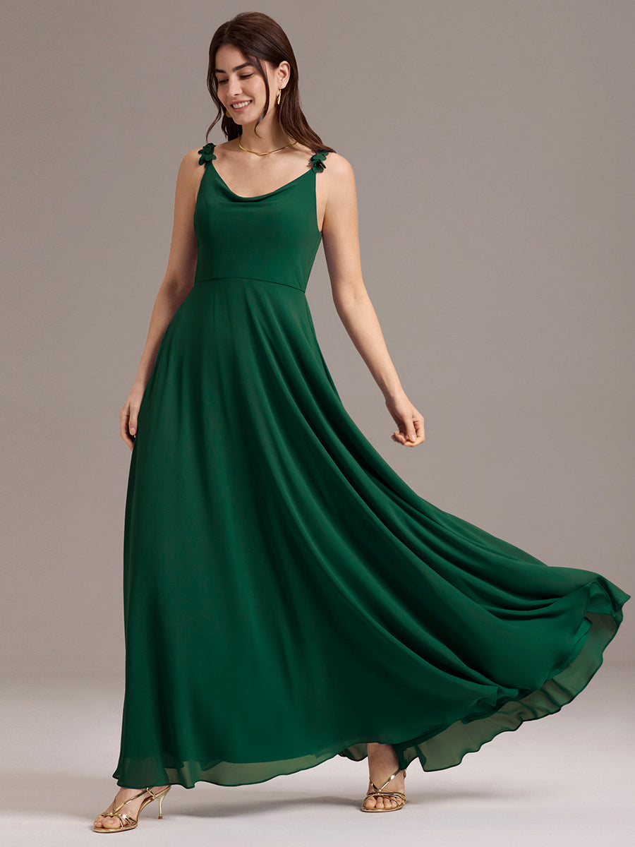 Robe de demoiselle d'honneur en mousseline sans bretelles à col montant et poche #Couleur_Vert Fonce