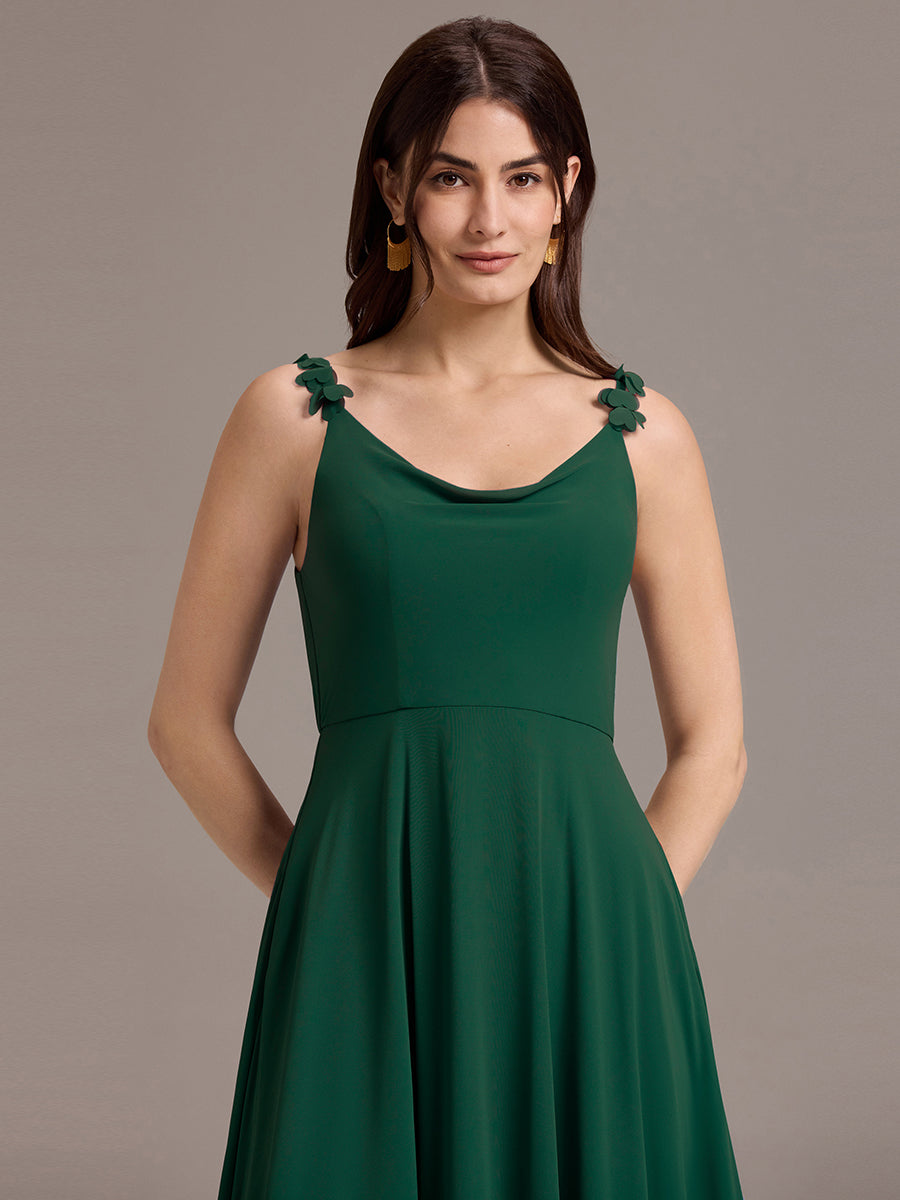 Robe de demoiselle d'honneur en mousseline sans bretelles à col montant et poche #Couleur_Vert Fonce