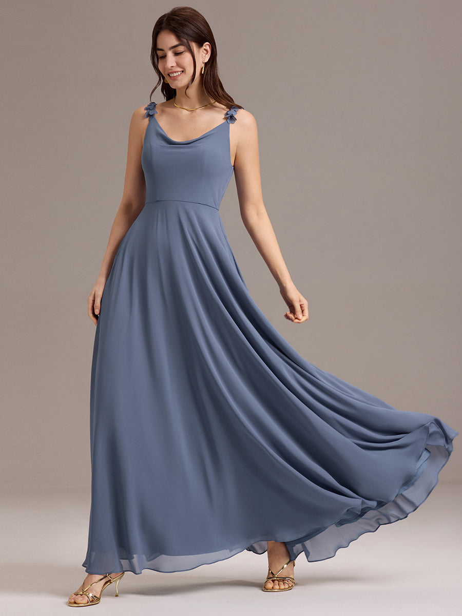 Robe de demoiselle d'honneur en mousseline sans bretelles à col montant et poche #Couleur_Marine Fume