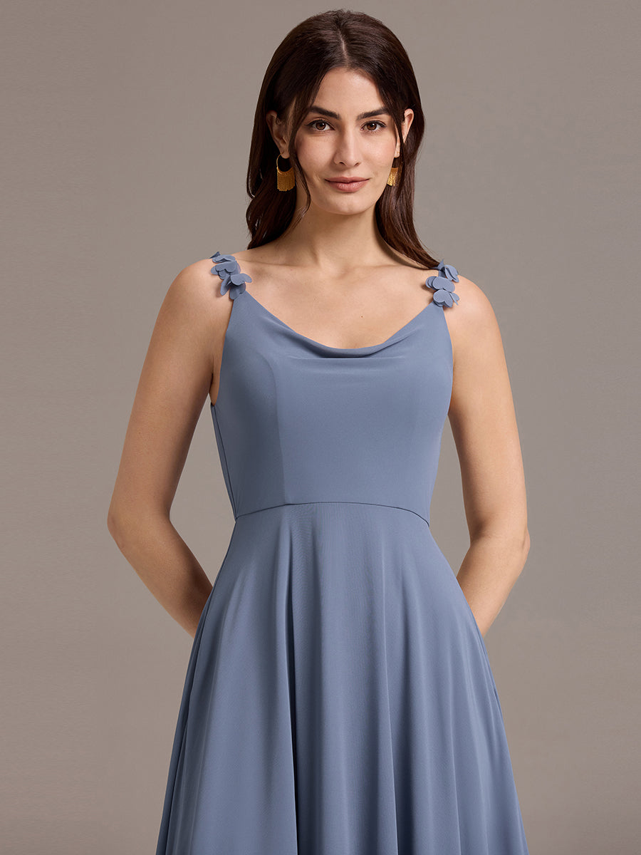 Robe de demoiselle d'honneur en mousseline sans bretelles à col montant et poche #Couleur_Marine Fume