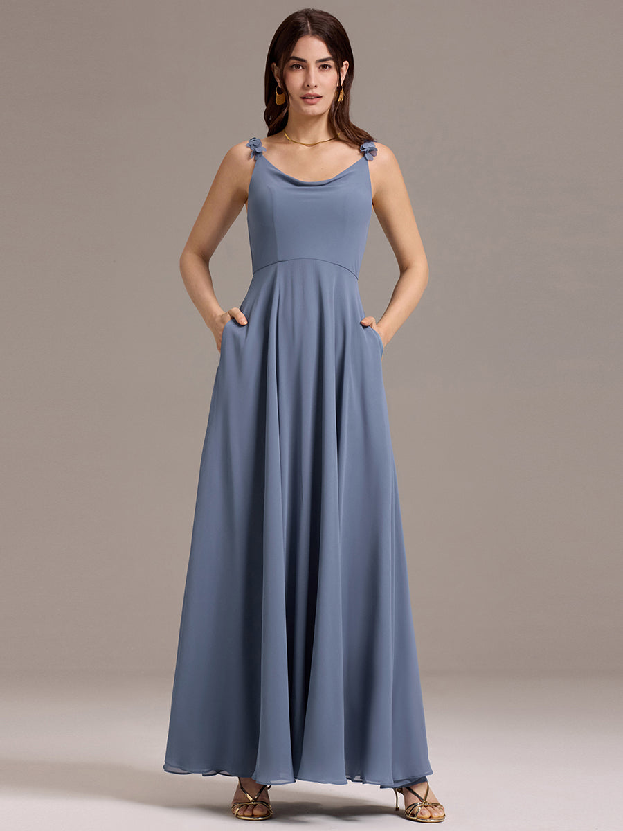 Robe de demoiselle d'honneur en mousseline sans bretelles à col montant et poche #Couleur_Marine Fume