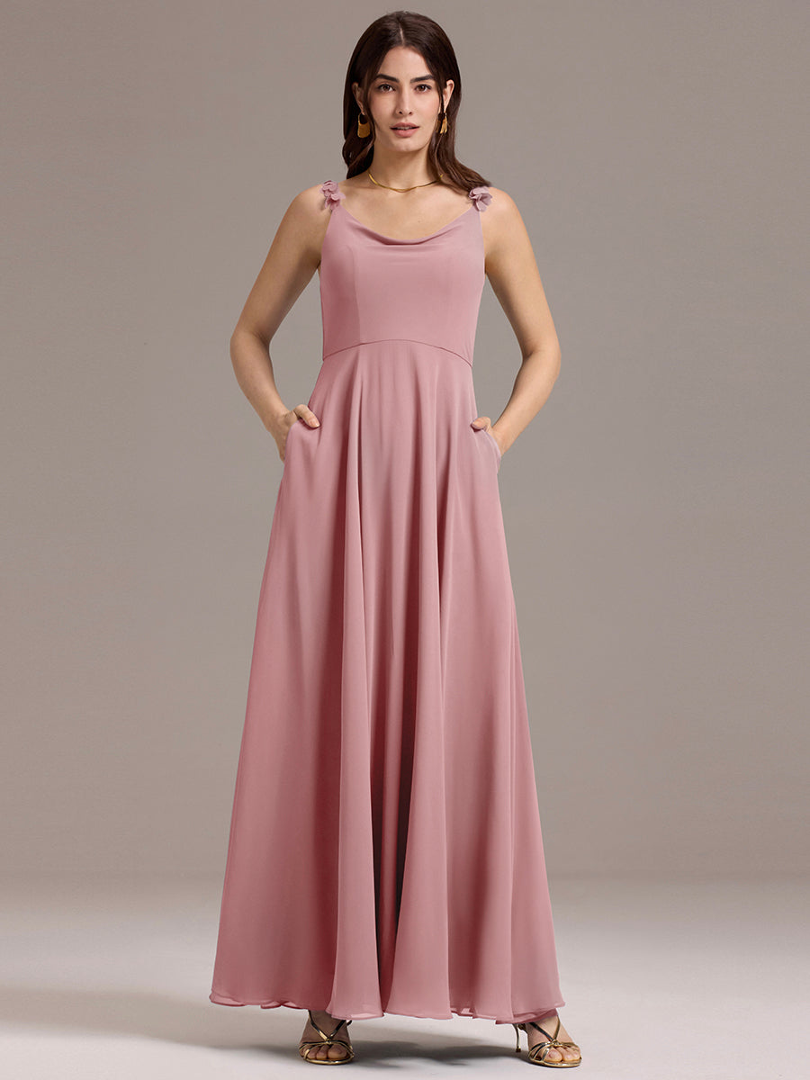 Robe de demoiselle d'honneur en mousseline sans bretelles à col montant et poche #Couleur_Rose fumee