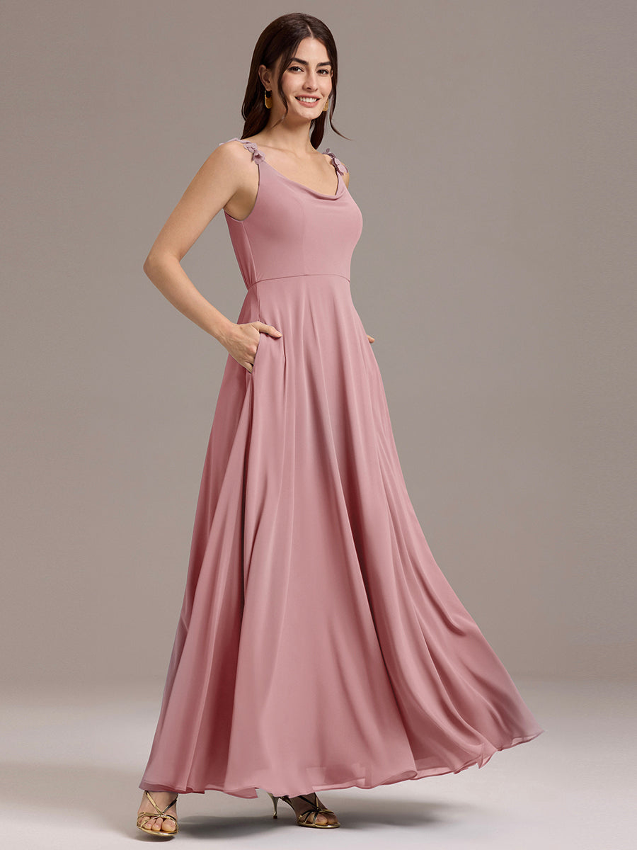 Robe de demoiselle d'honneur en mousseline sans bretelles à col montant et poche #Couleur_Rose fumee