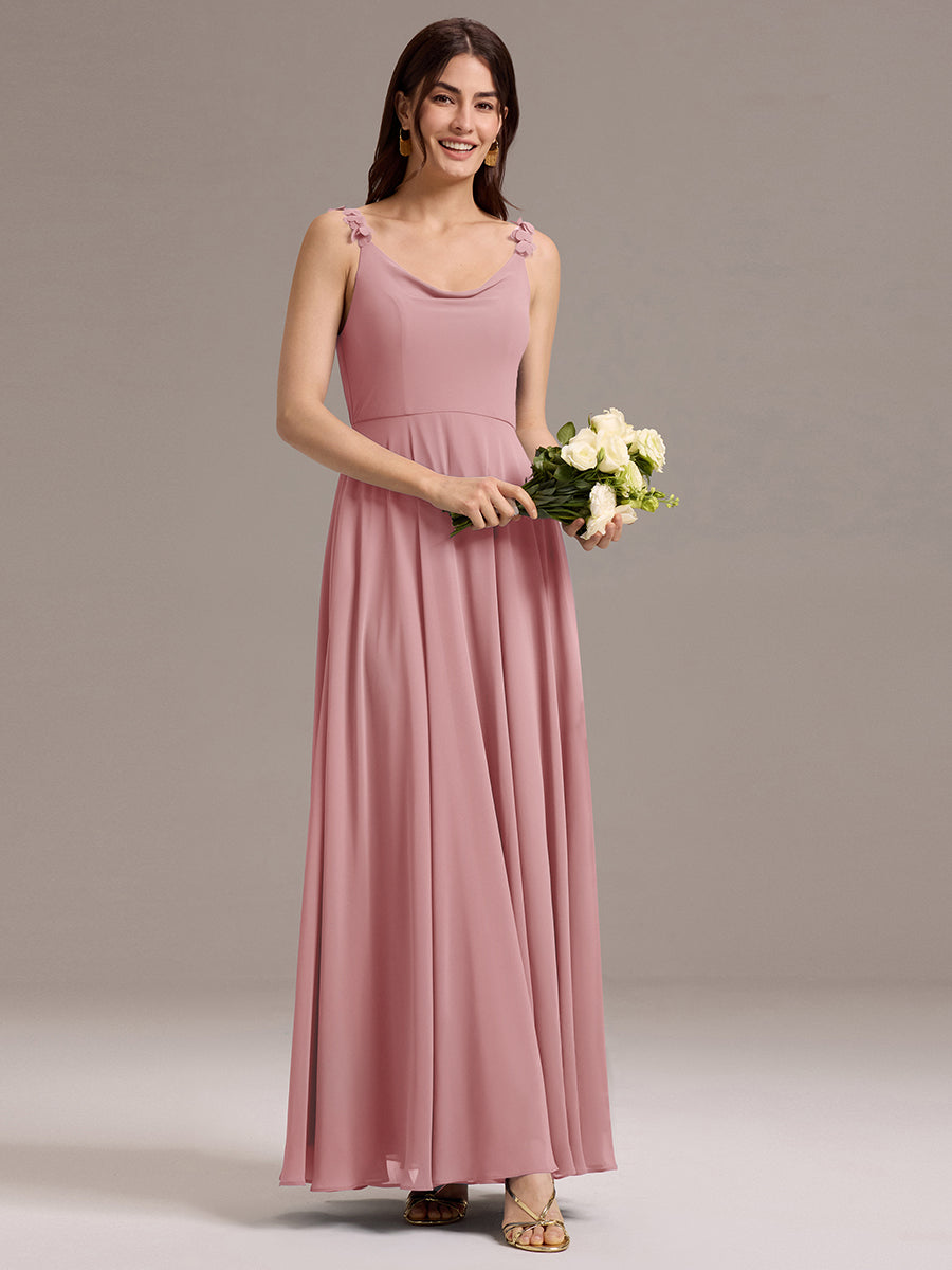 Robe de demoiselle d'honneur en mousseline sans bretelles à col montant et poche #Couleur_Rose fumee