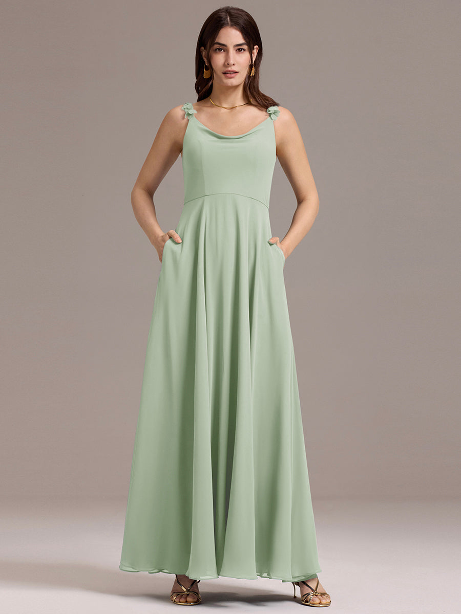 Robe de demoiselle d'honneur en mousseline sans bretelles à col montant et poche #Couleur_Menthe Verte