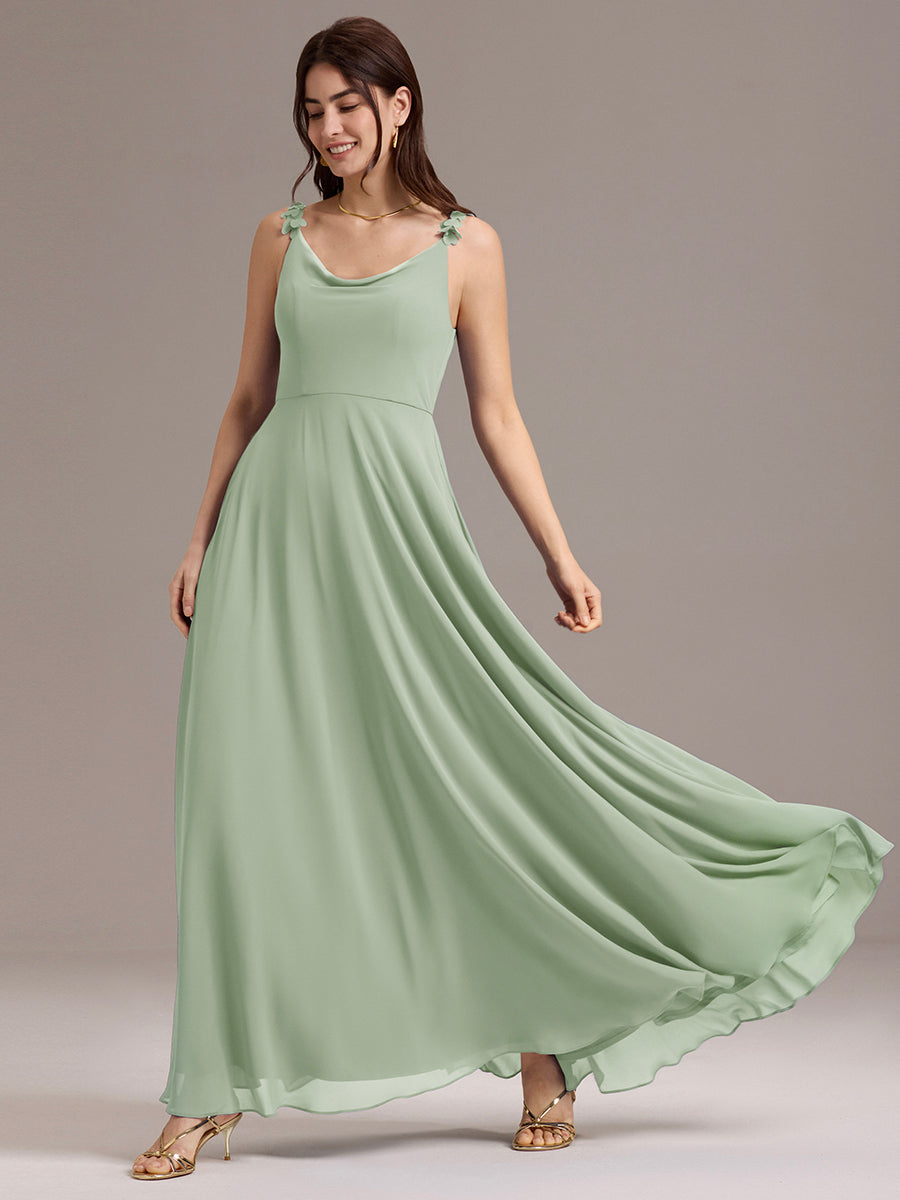 Robe de demoiselle d'honneur en mousseline sans bretelles à col montant et poche #Couleur_Menthe Verte