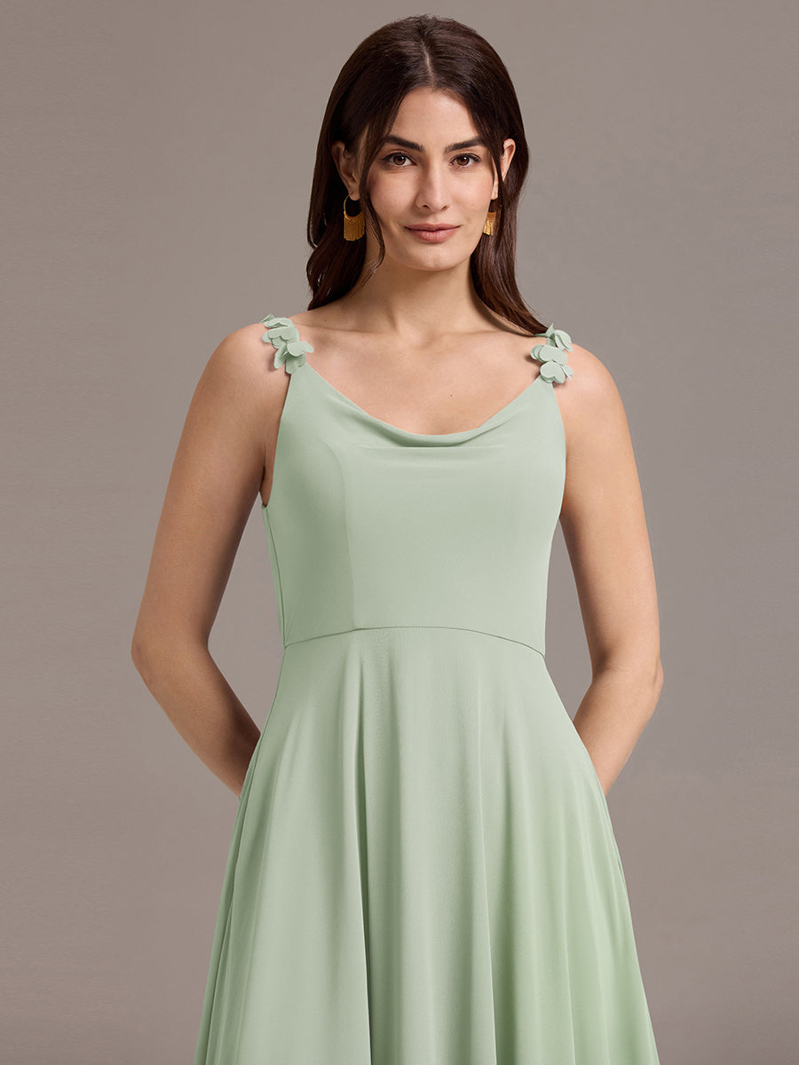 Robe de demoiselle d'honneur en mousseline sans bretelles à col montant et poche #Couleur_Menthe Verte