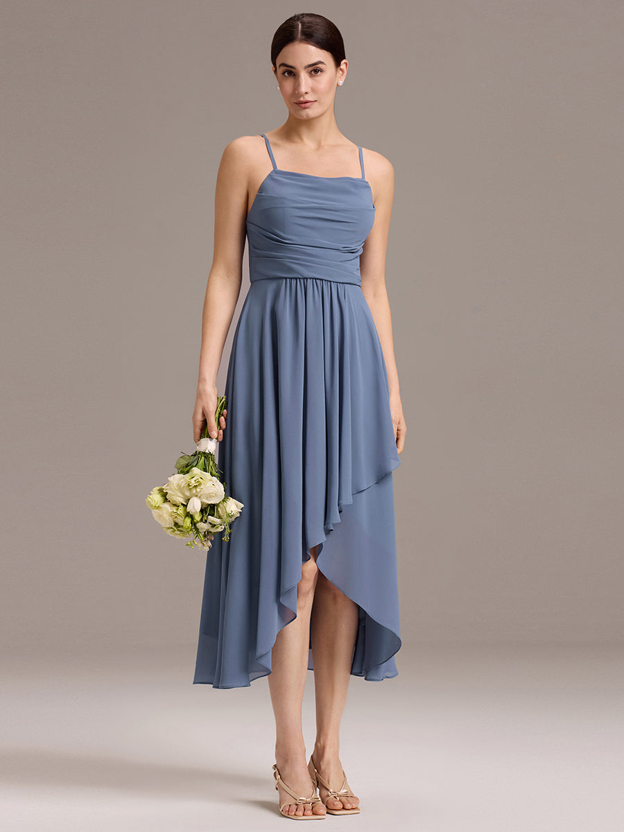 Robe de demoiselle d'honneur mi-longue plissée à bretelles spaghetti et coupe carrée #Couleur_Marine Fume