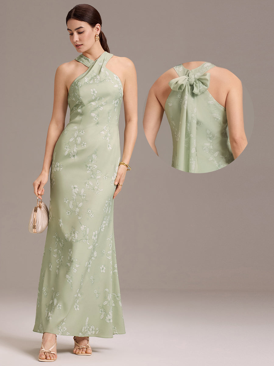 Robe de demoiselle d'honneur longue en satin avec nœud papillon croisé dans le dos #Couleur_Céladon Primevère Vintage