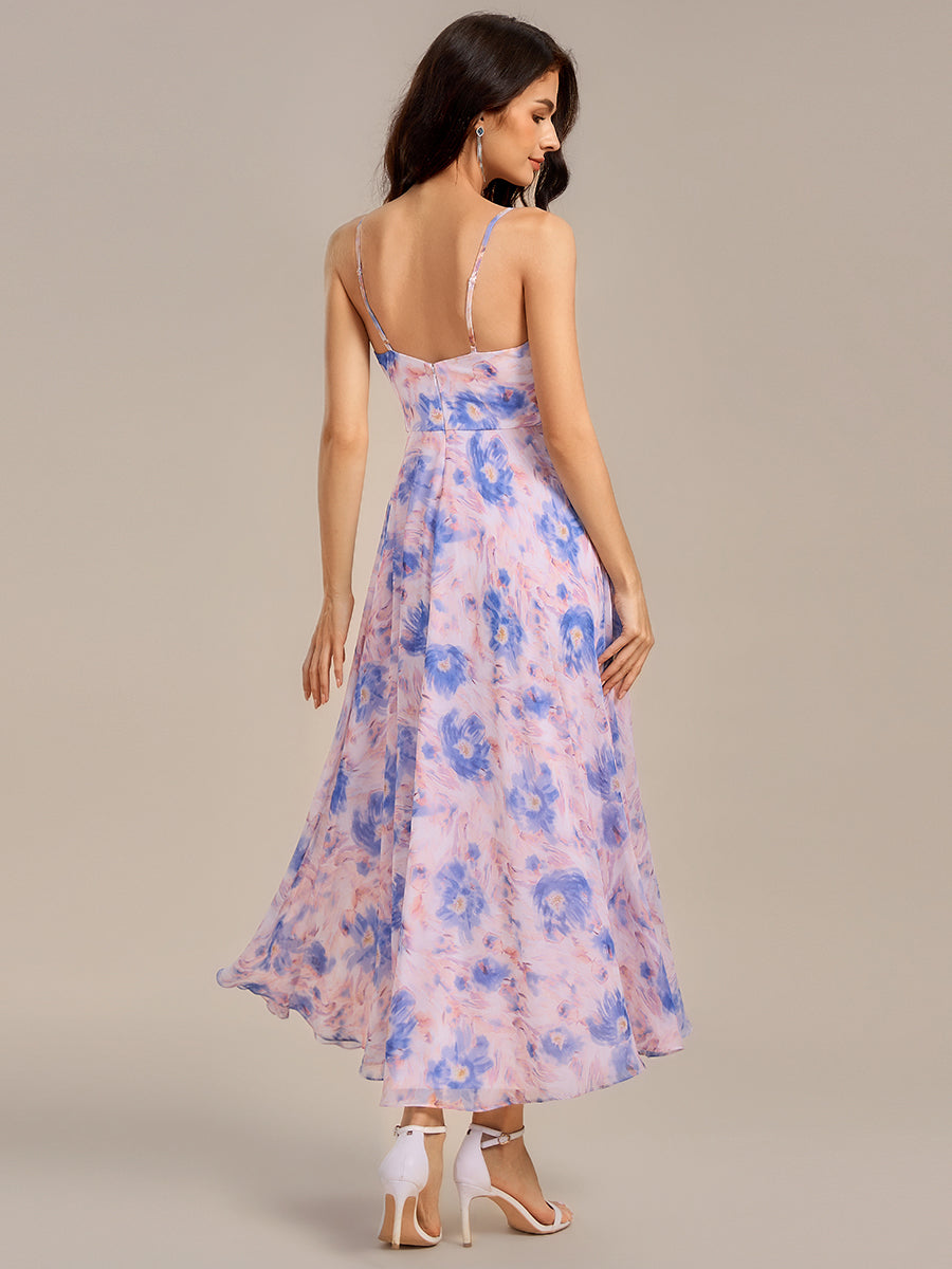Robe de demoiselle d'honneur longue à volants et col en V #Couleur_Azur Méditerranée