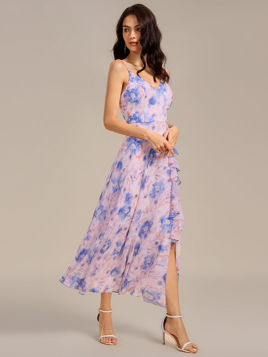 Robe de demoiselle d'honneur longue à volants et col en V #Couleur_Azur Méditerranée