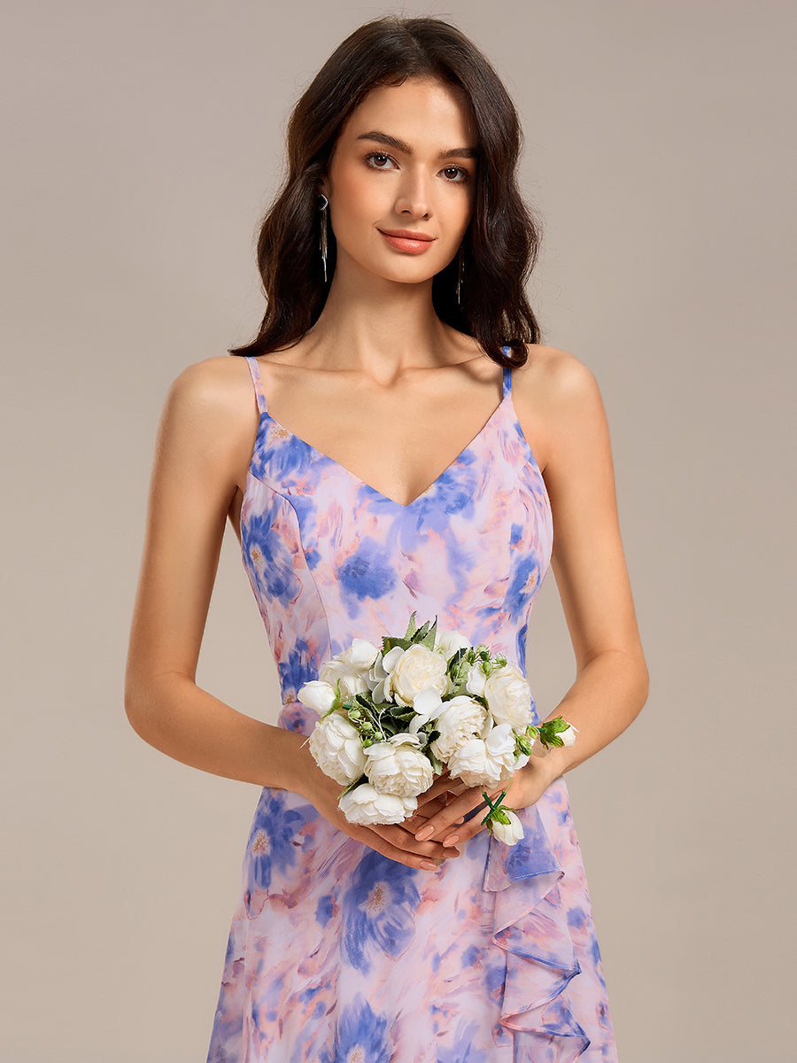 Robe de demoiselle d'honneur longue à volants et col en V #Couleur_Azur Méditerranée