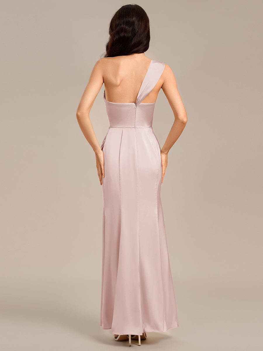 Robe de demoiselle d'honneur sirène en satin à épaules dénudées et fente haute #Couleur_Rose
