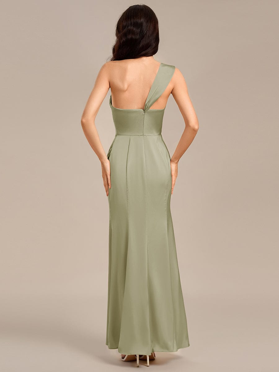 Robe de demoiselle d'honneur sirène en satin à épaules dénudées et fente haute #Couleur_Vert sauge