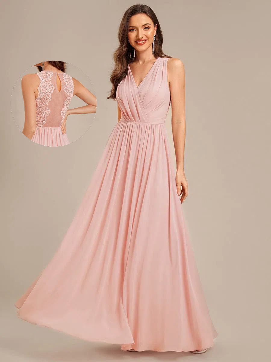 Robe d'invité de mariage trapèze en mousseline fluide à encolure ronde et longueur au genou #Couleur_Rose