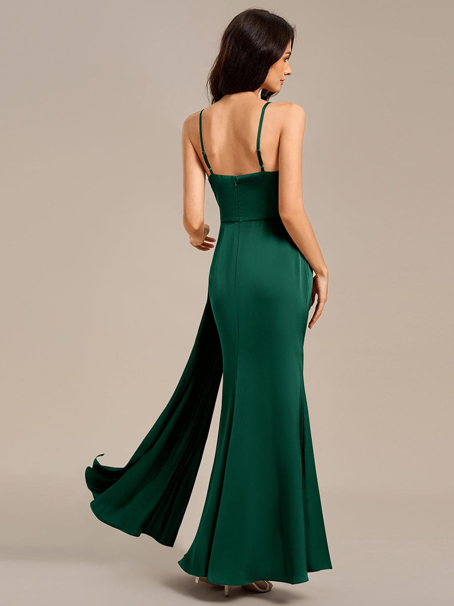 Robe de demoiselle d'honneur sirène en satin à bretelles spaghetti et fente latérale #Couleur_Vert Fonce