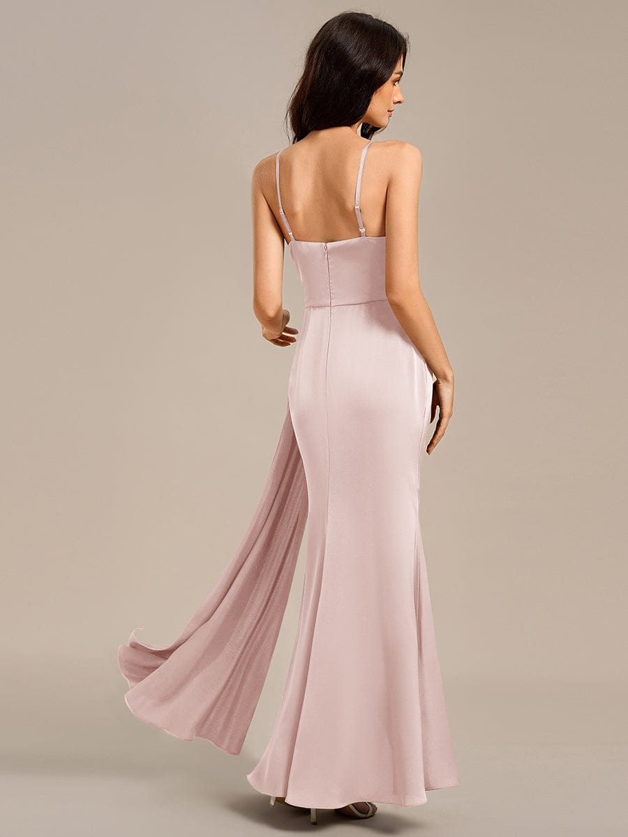 Robe de demoiselle d'honneur sirène en satin à bretelles spaghetti et fente latérale #Couleur_Rose
