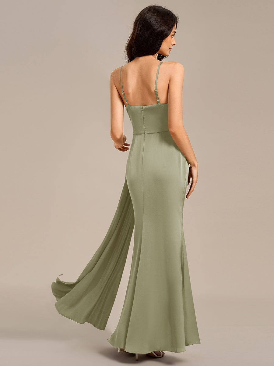 Robe de demoiselle d'honneur sirène en satin à bretelles spaghetti et fente latérale #Couleur_Vert sauge