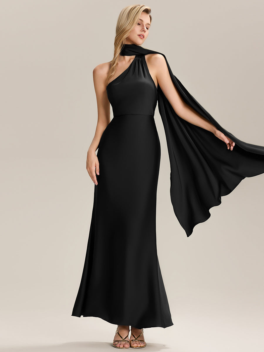 Robe de demoiselle d'honneur dos nu longueur sol à manches courtes #Couleur_Noir