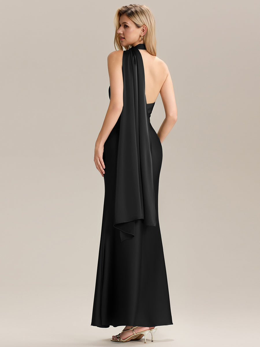 Robe de demoiselle d'honneur dos nu longueur sol à manches courtes #Couleur_Noir