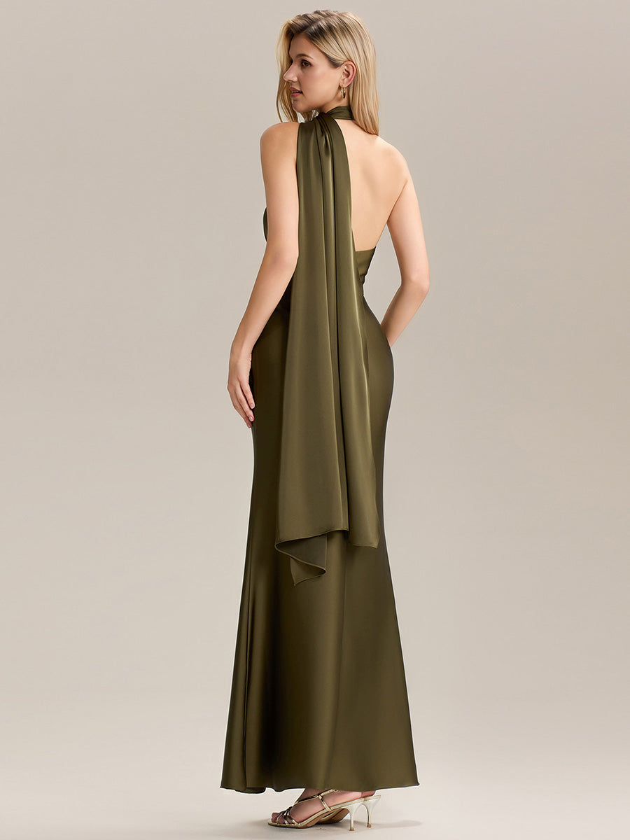 Robe de demoiselle d'honneur dos nu longueur sol à manches courtes #Couleur_Vert Olive