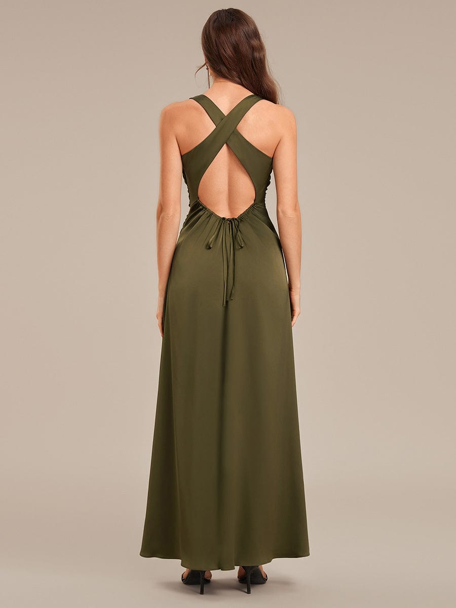 Robe d'invité de mariage trapèze en mousseline fluide à encolure ronde et longueur au genou #Couleur_Vert Olive
