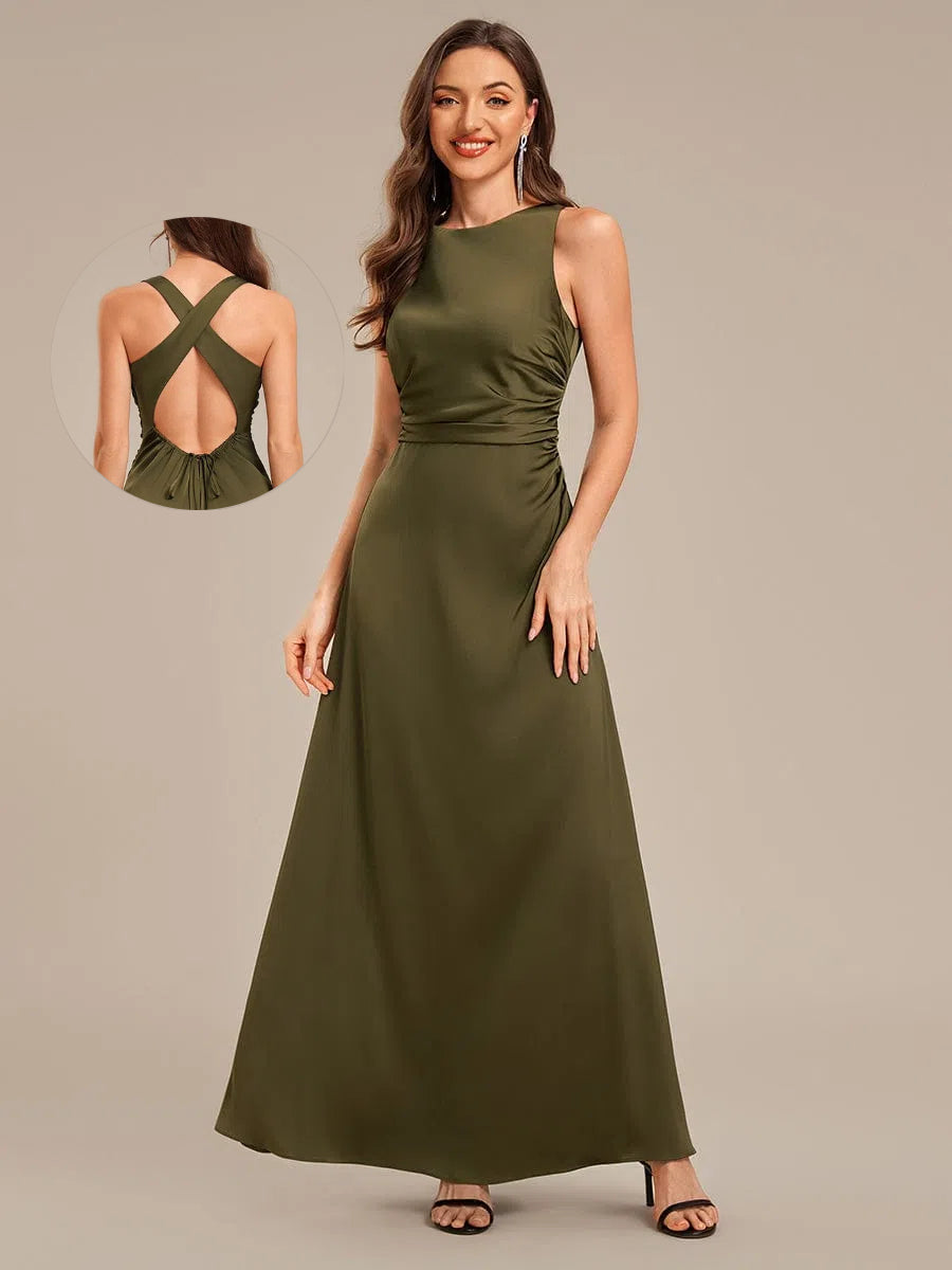 Robe d'invité de mariage trapèze en mousseline fluide à encolure ronde et longueur au genou #Couleur_Vert Olive