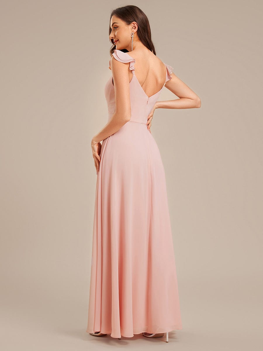 Robe d'invité de mariage trapèze en mousseline fluide à encolure ronde et longueur au genou #Couleur_Rose