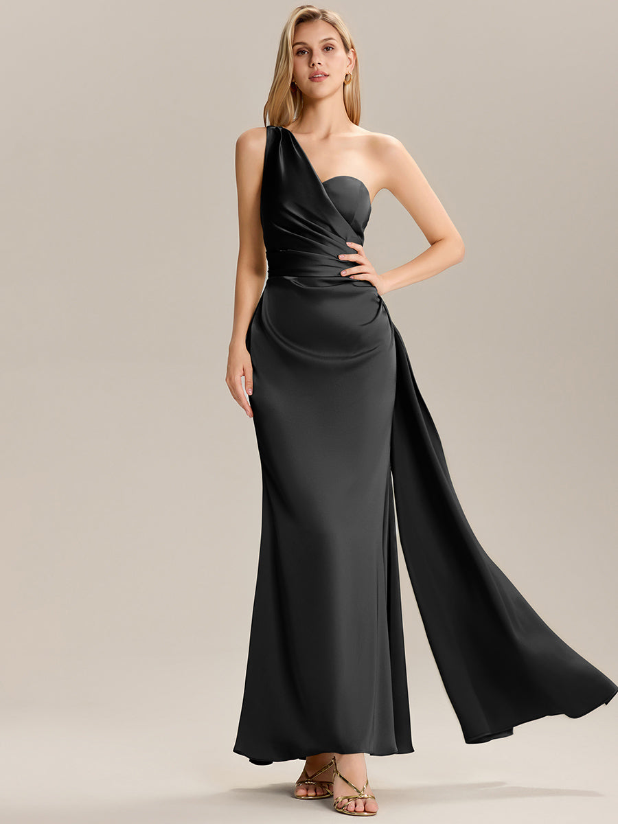 Robe de demoiselle d'honneur asymétrique sans manches longue  #Couleur_Noir