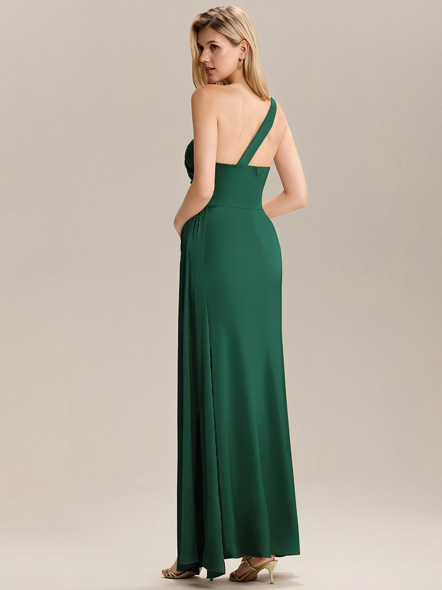Robe de demoiselle d'honneur asymétrique sans manches longue  #Couleur_Vert Fonce