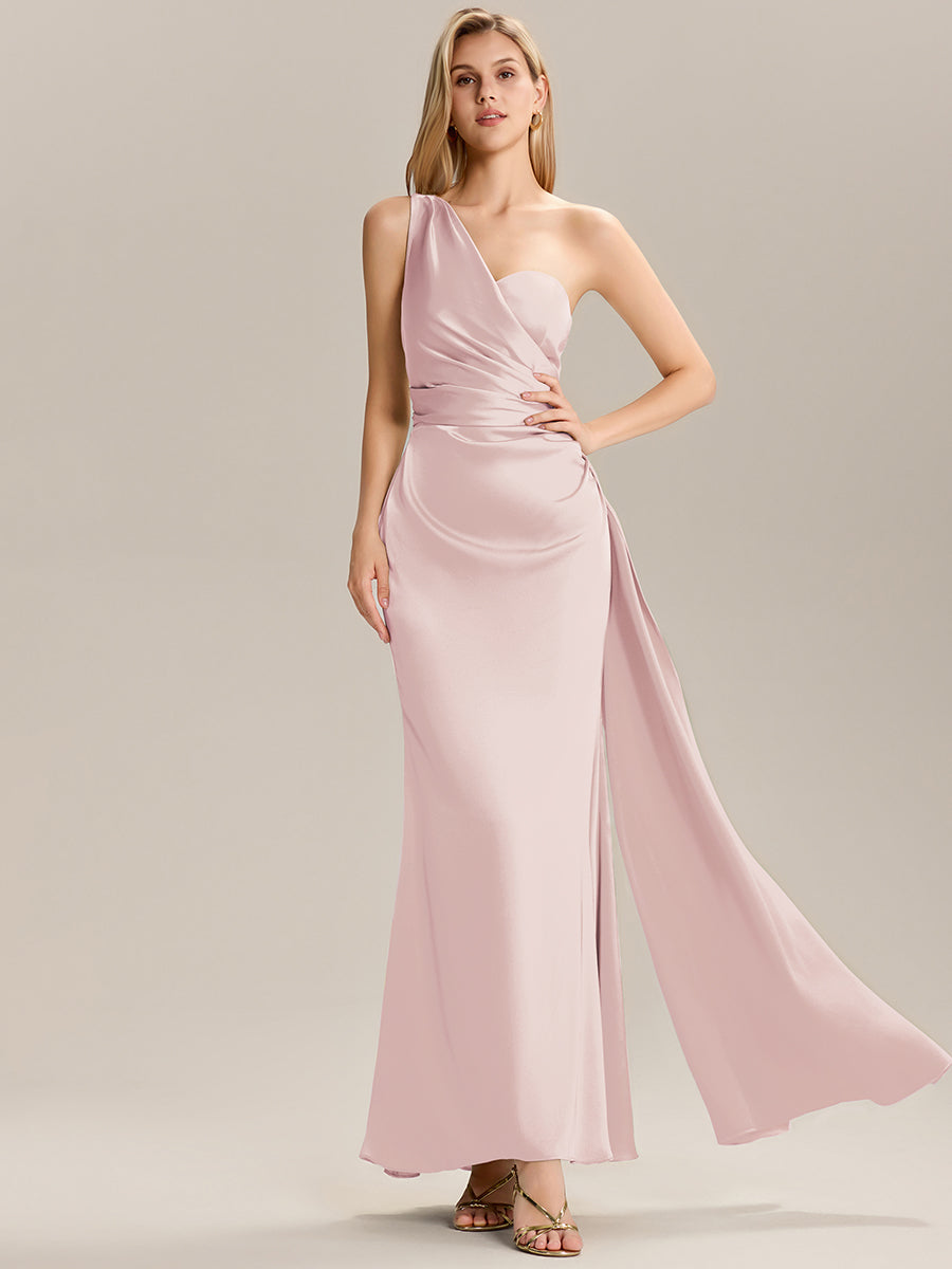 Robe de demoiselle d'honneur asymétrique sans manches longue  #Couleur_Rose