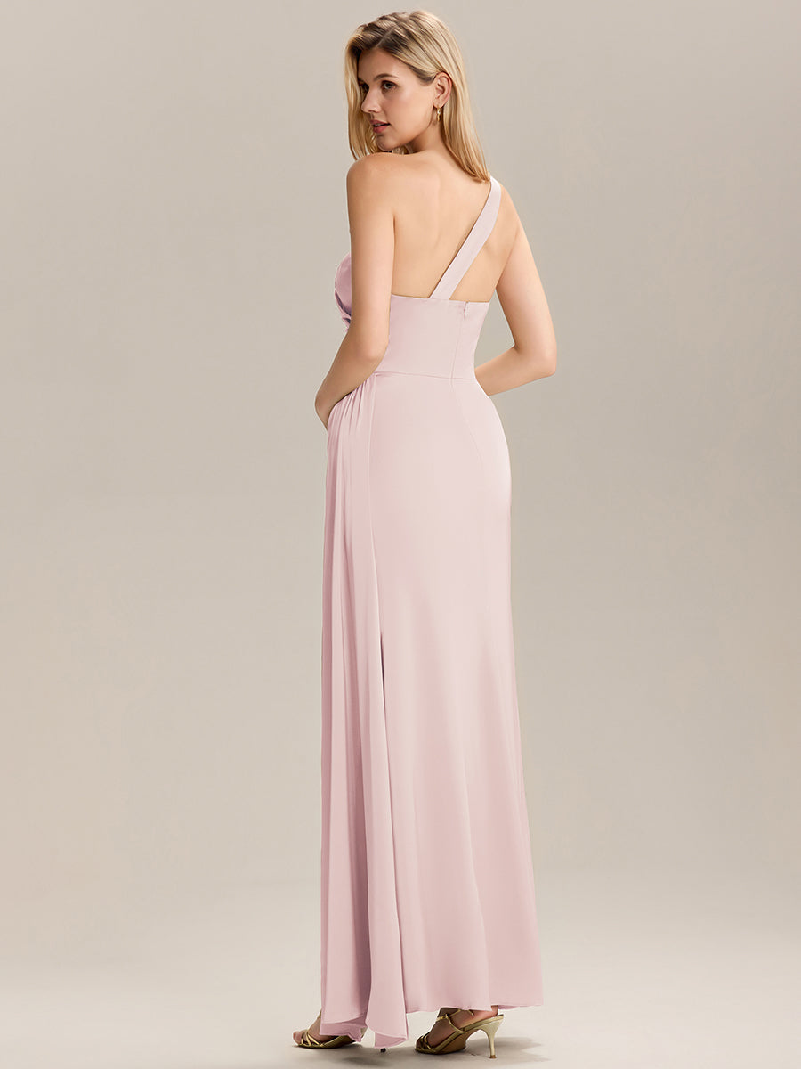 Robe de demoiselle d'honneur asymétrique sans manches longue  #Couleur_Rose