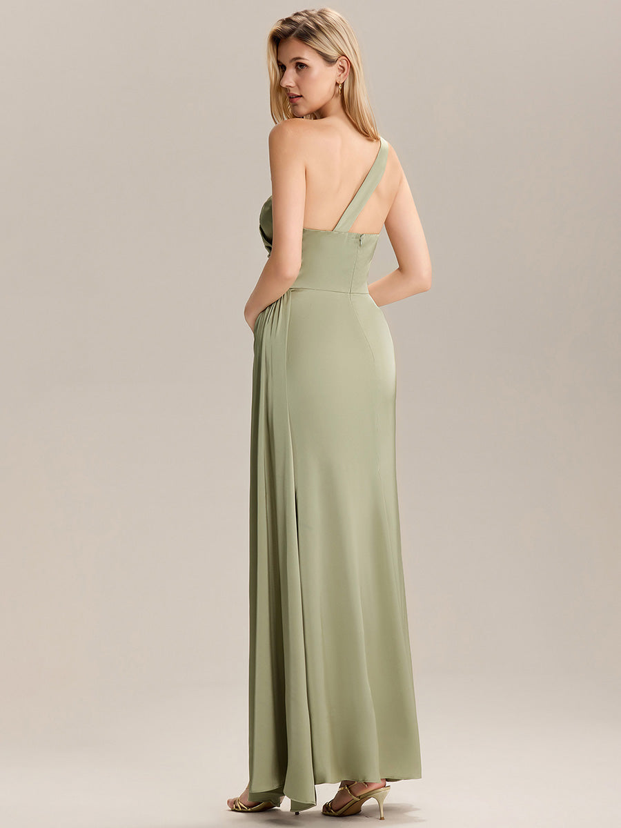 Robe de demoiselle d'honneur asymétrique sans manches longue #Couleur_Vert sauge