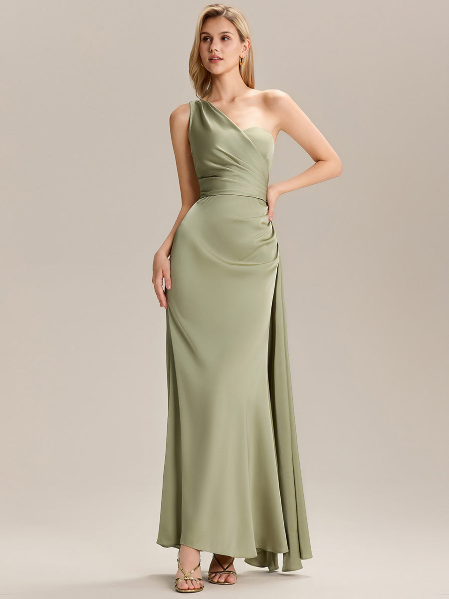 Robe de demoiselle d'honneur asymétrique sans manches longue #Couleur_Vert sauge