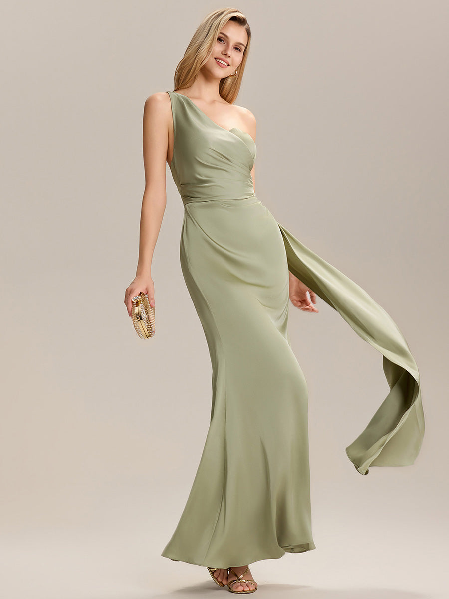 Robe de demoiselle d'honneur asymétrique sans manches longue #Couleur_Vert sauge