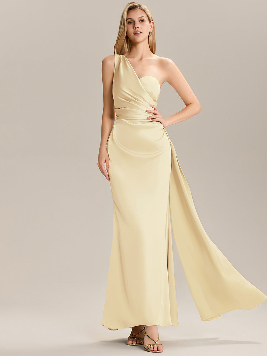 Robe de demoiselle d'honneur asymétrique sans manches longue  #Couleur_Jaune