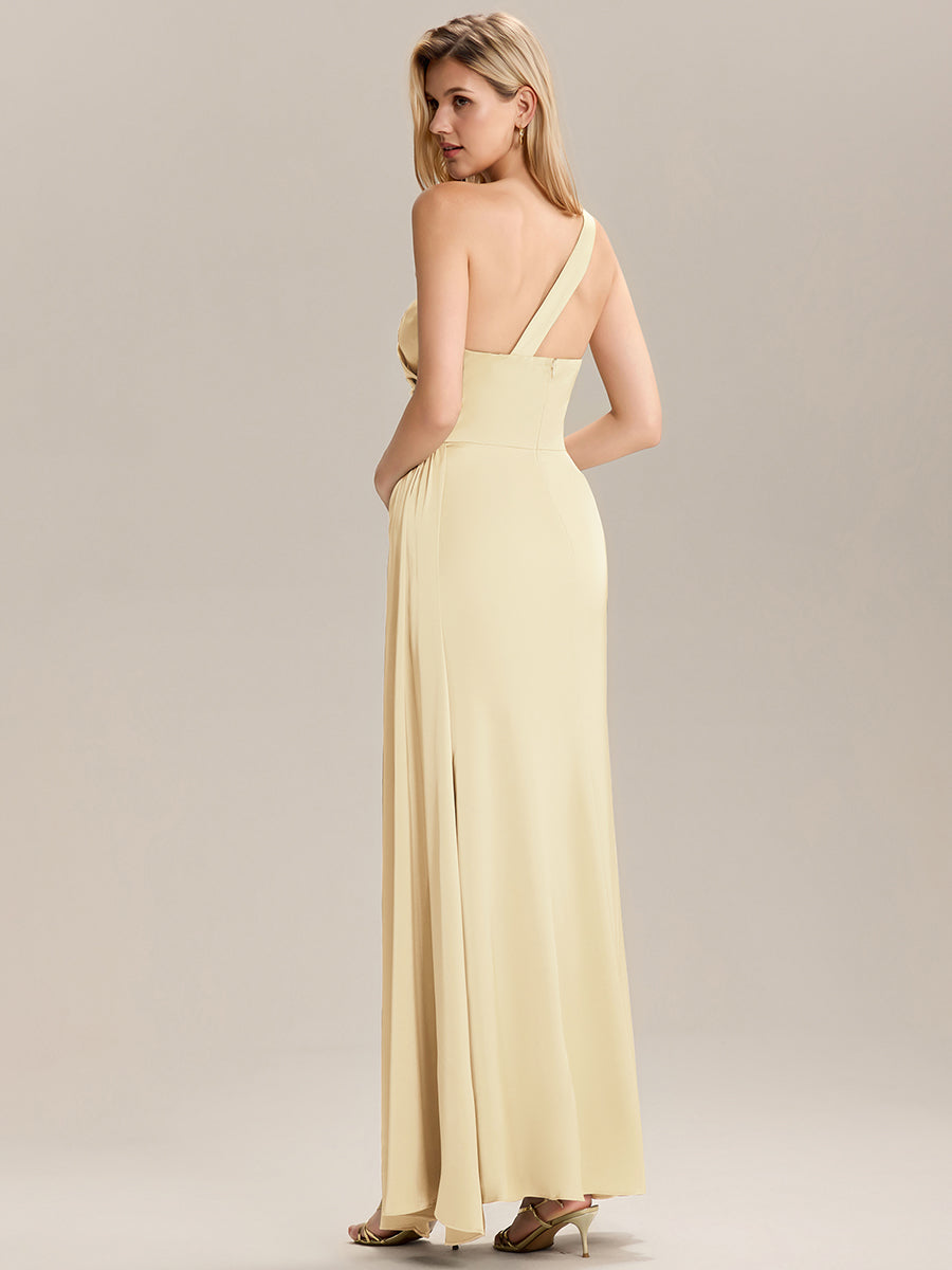 Robe de demoiselle d'honneur asymétrique sans manches longue  #Couleur_Jaune