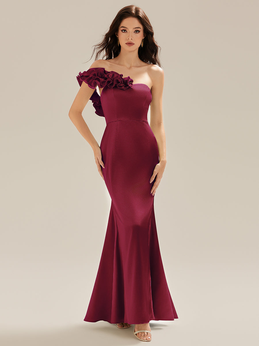 Robe de soirée sirène sans bretelles à volants #Couleur_Bordeaux