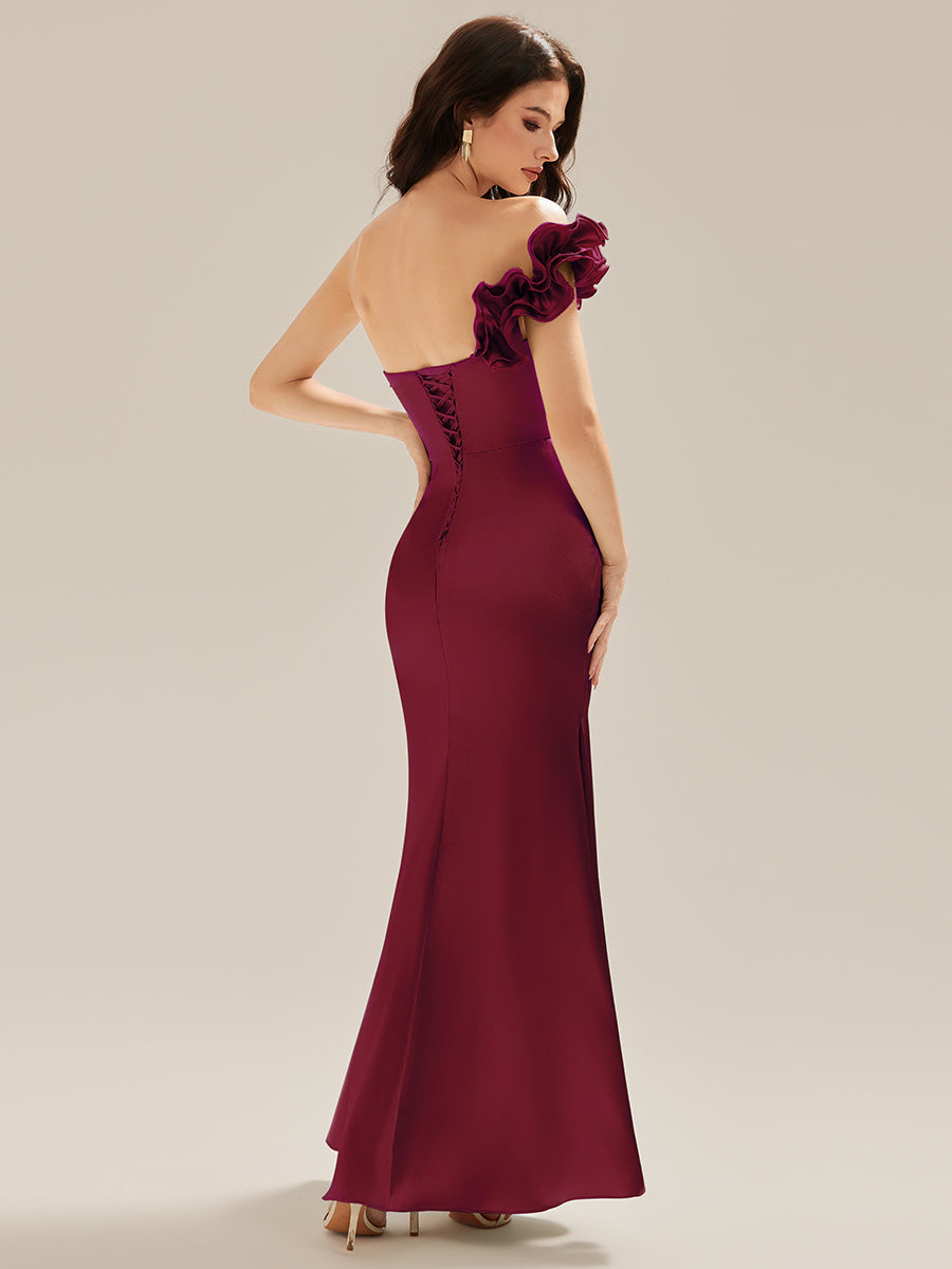 Robe de soirée sirène sans bretelles à volants #Couleur_Bordeaux