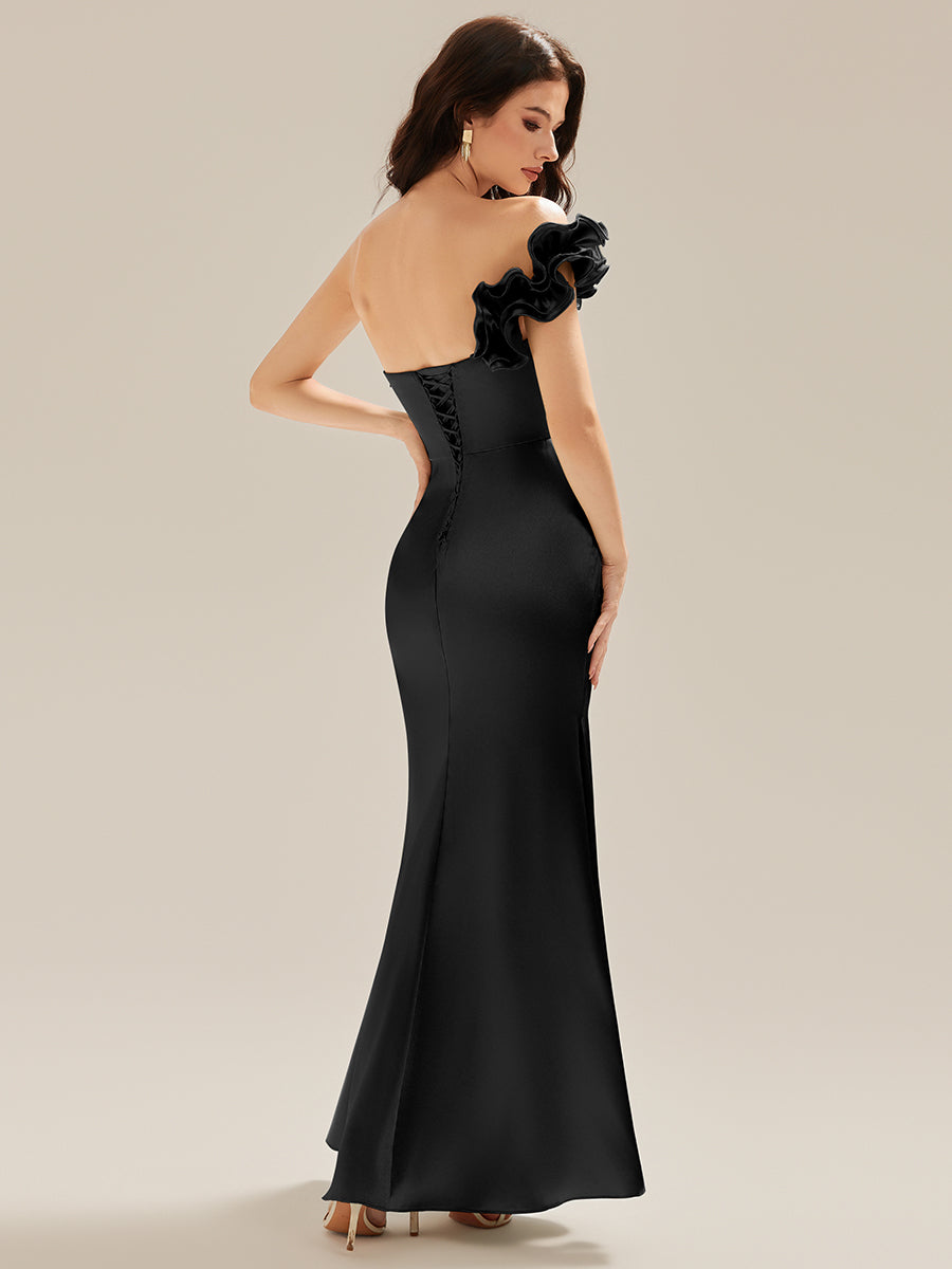 Robe de soirée sirène sans bretelles à volants #Couleur_Noir