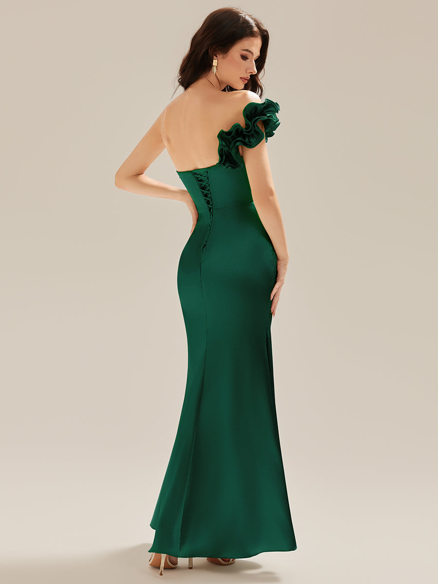 Robe de soirée sirène sans bretelles à volants #Couleur_Vert Fonce
