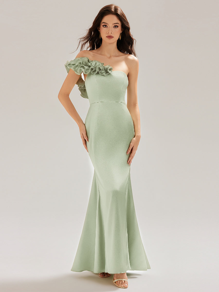 Robe de soirée sirène sans bretelles à volants #Couleur_Menthe Verte
